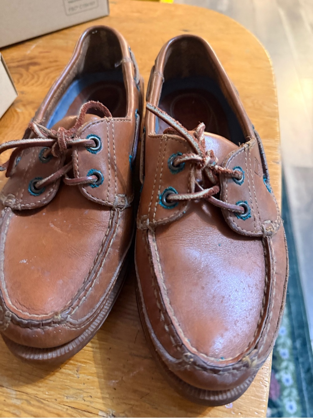 Sperry Men's Tan Leather Boat Shoes with Blue Eyelets